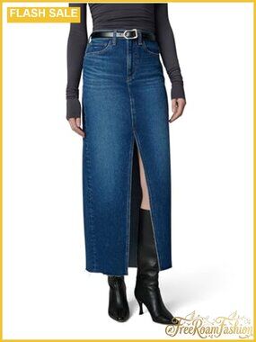 High Rise Maxi Denim Skirt Front Slit Raw Hem Casual